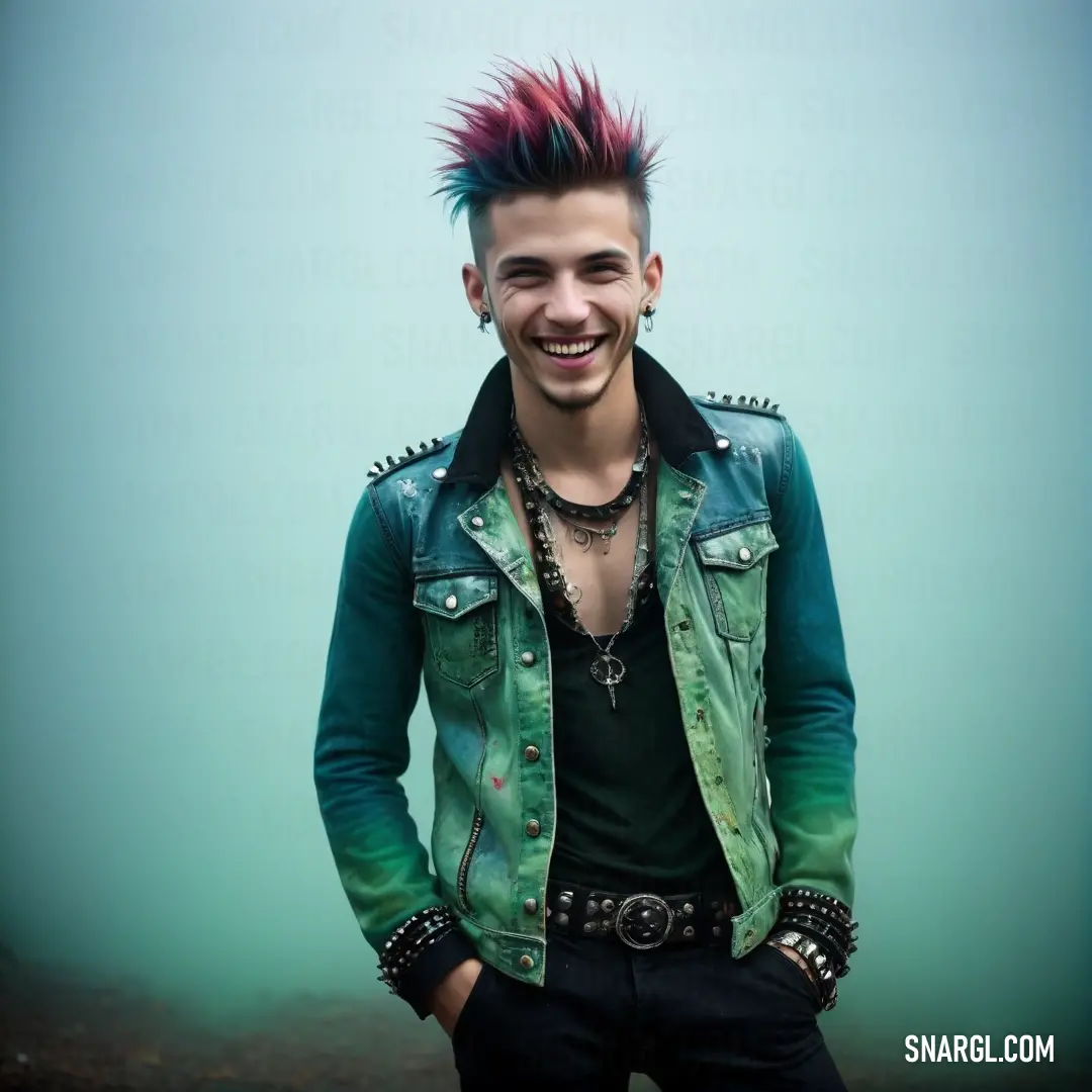 Man with a punk punk haircut and a green jacket smiling at the camera with his hands in his pockets