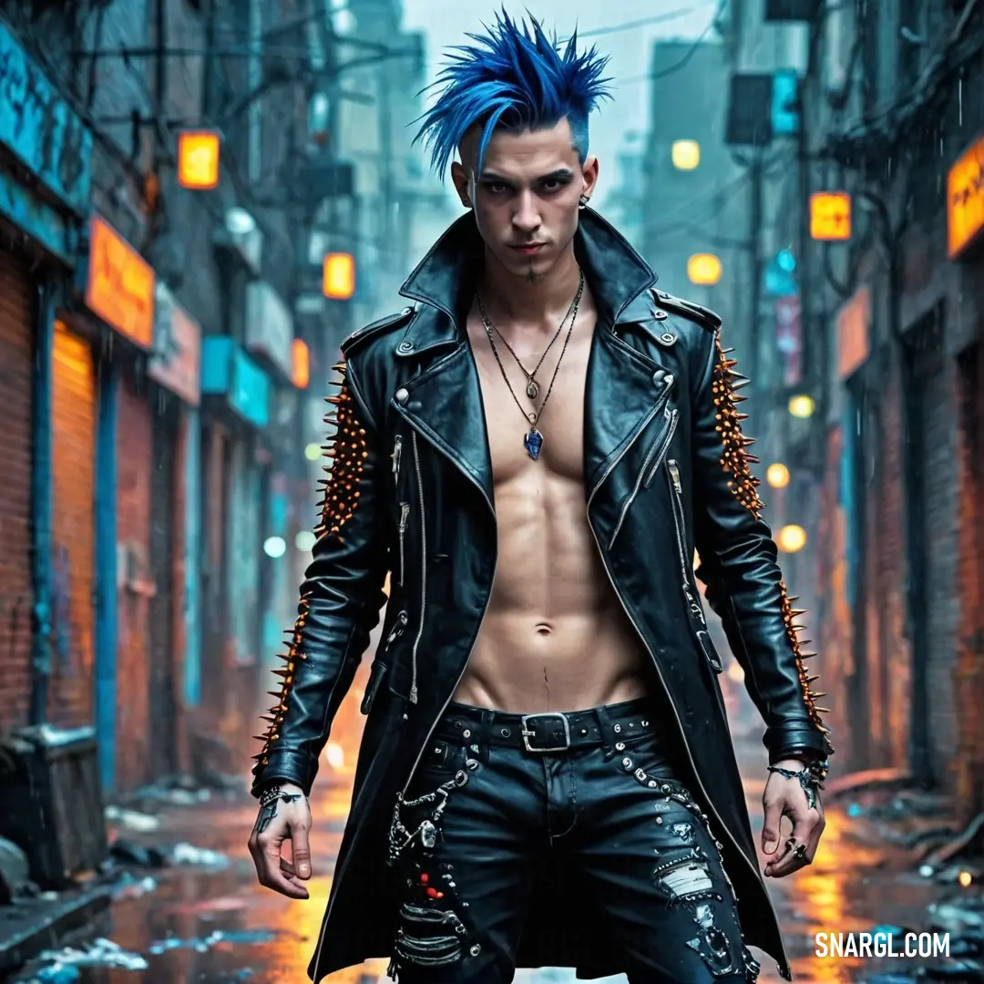 Man with blue hair and spiked leather jacket walking down a street in the rain with a cigarette in his mouth