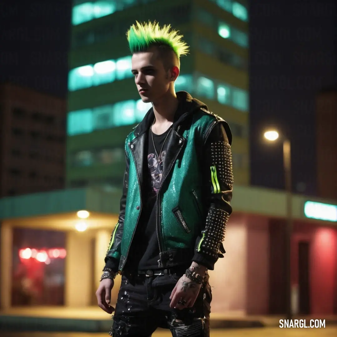 Man with green hair and spiked hair standing in front of a building at night with a neon green jacket