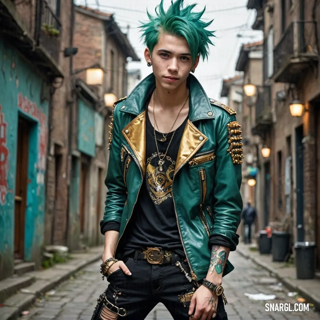 Man with green hair and piercings standing in an alleyway wearing a green leather jacket and gold trim