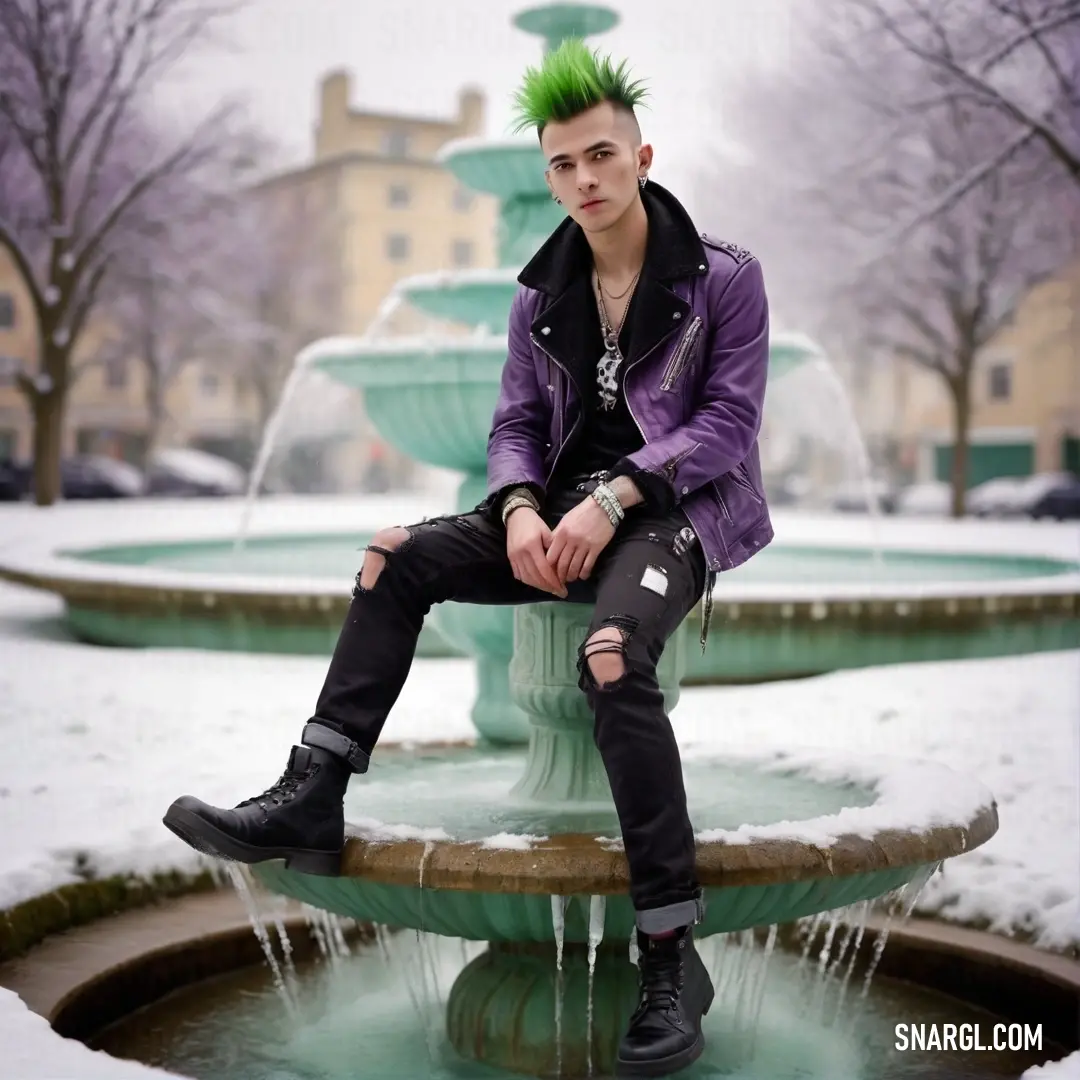 Man with green hair on a fountain in the snow with his legs crossed