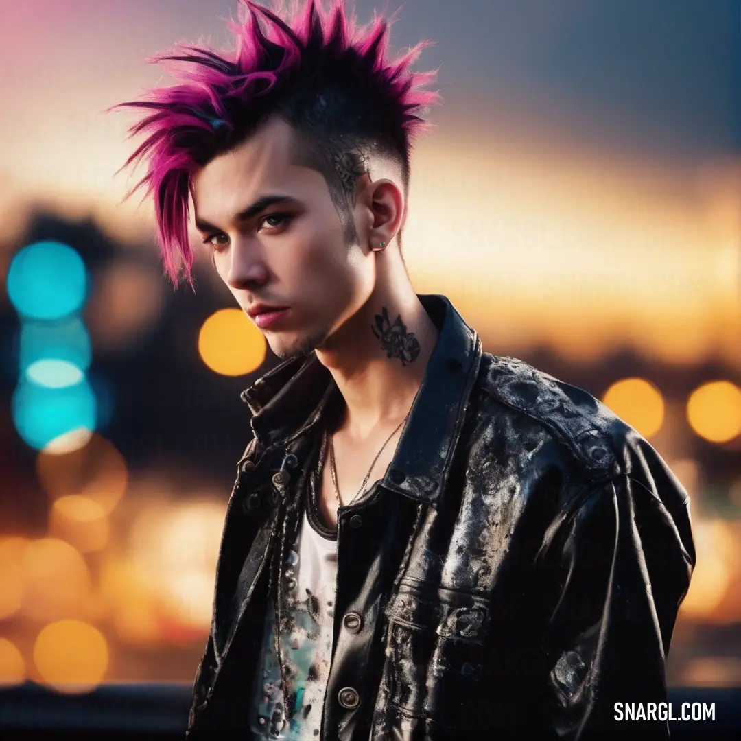 Man with pink hair and piercings standing in front of a cityscape at night with lights