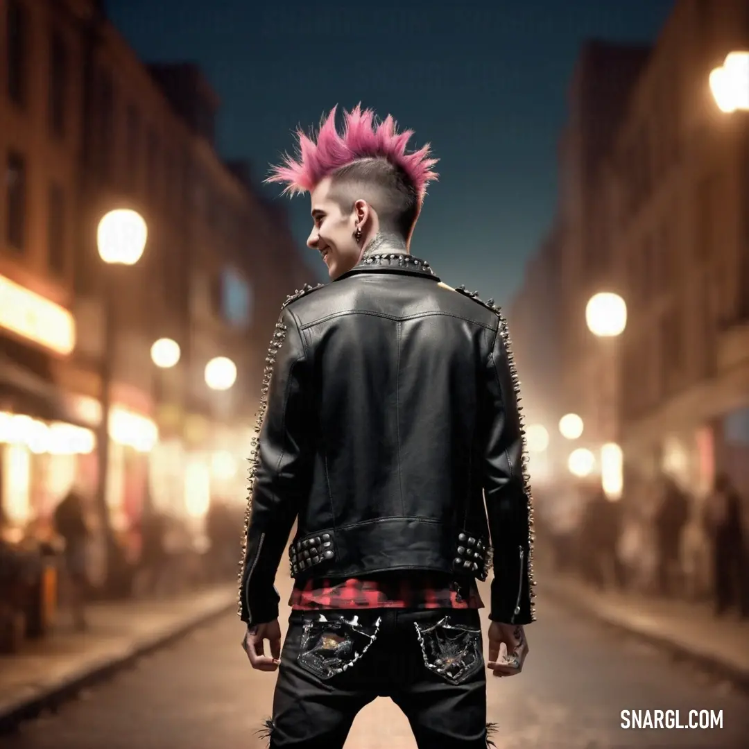 Man with pink hair and spiked hair standing on a street at night with a black jacket on and a red mohawk