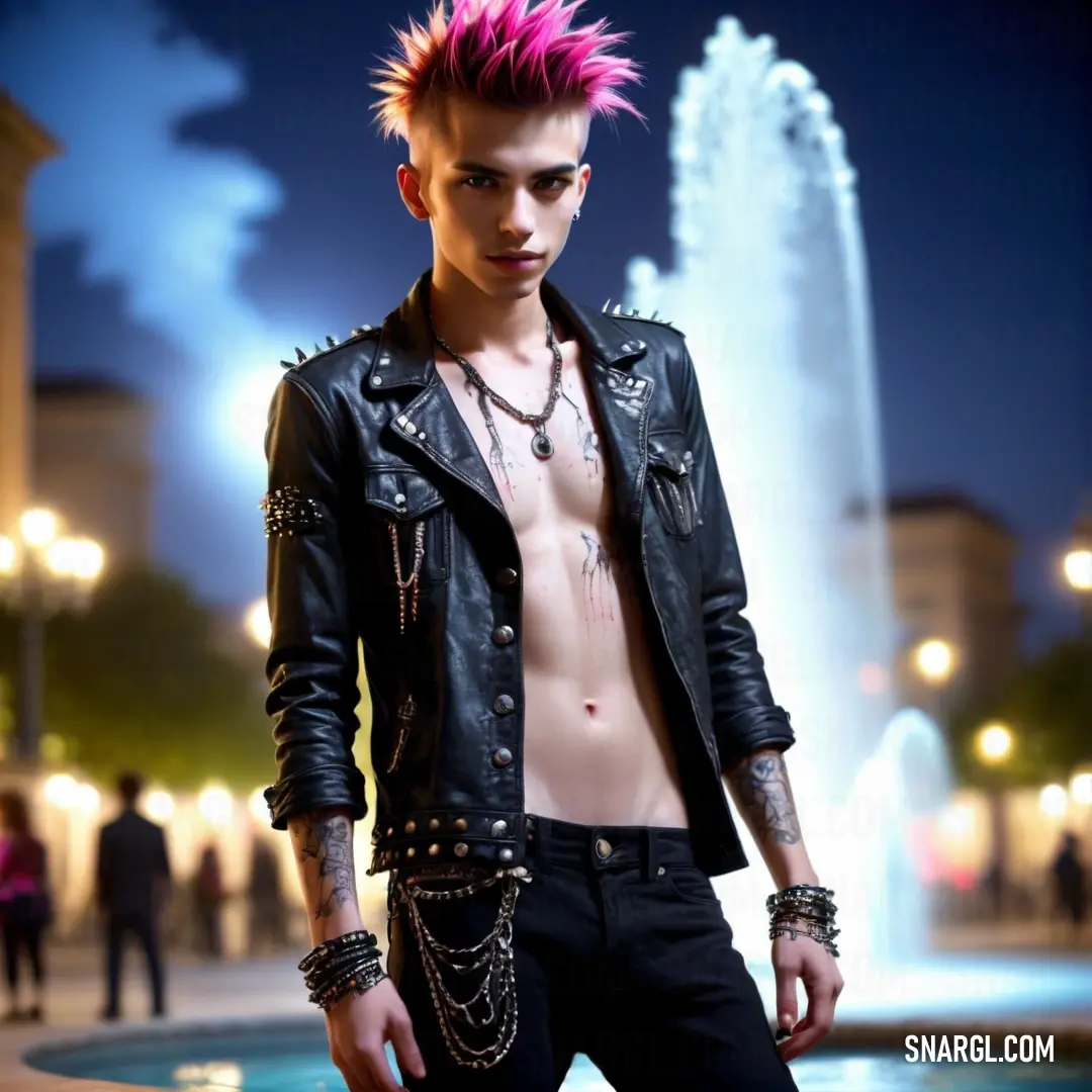 Man with pink hair and spiked hair standing in front of a fountain at night with a shirtless torso