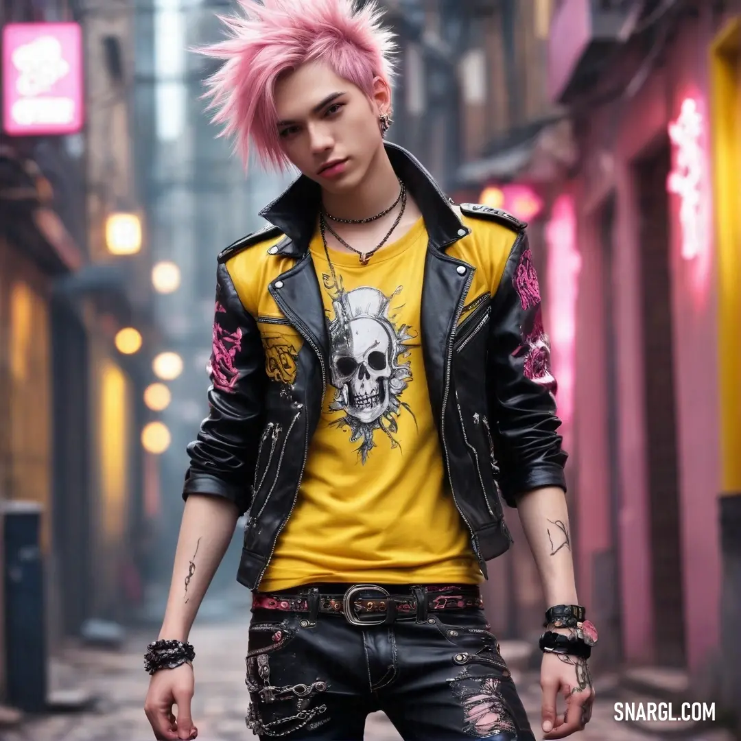 Man with pink hair and a skull shirt on walking down a street in a city with neon lights