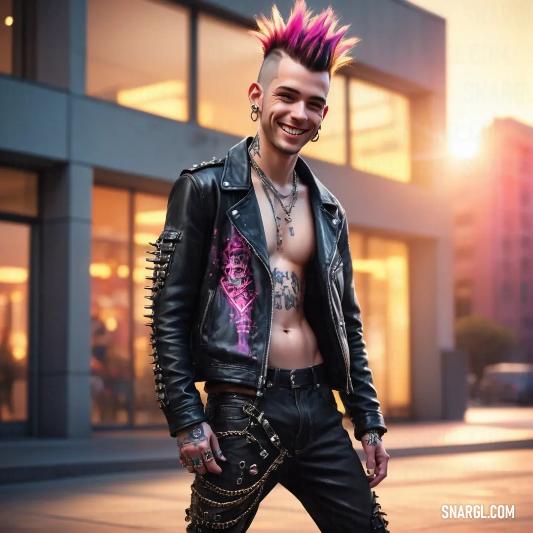 Man with pink hair and spiked hair standing in front of a building with a shirt on and a leather jacket on