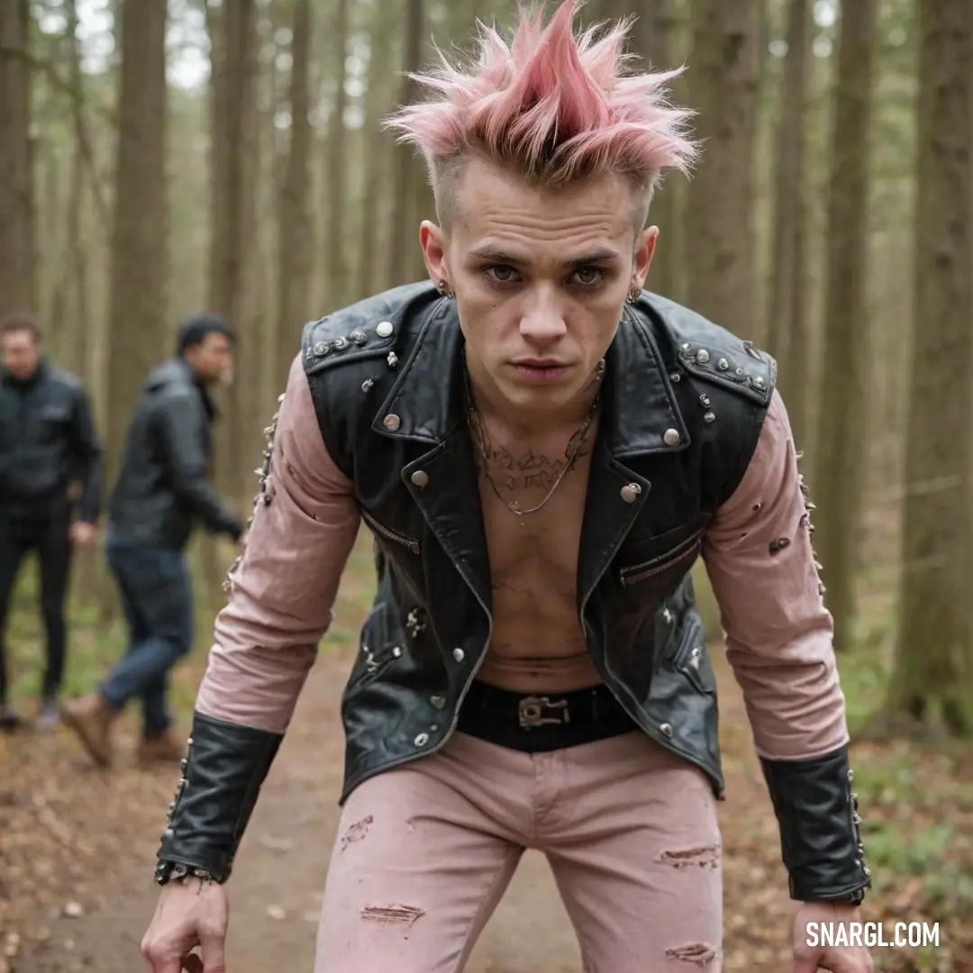 Man with pink hair riding a skateboard in the woods with other men behind him in the woods