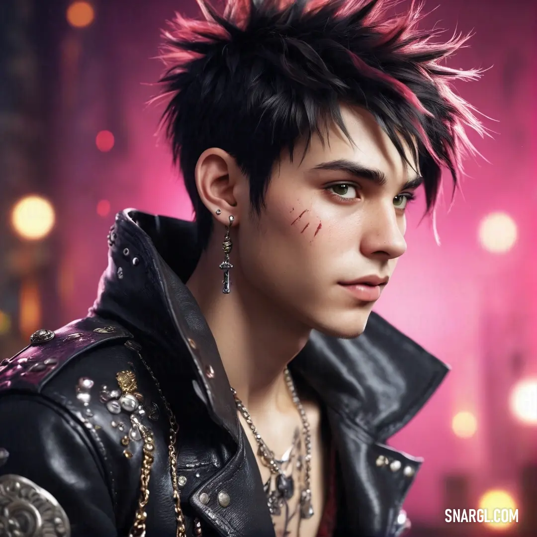 Man with punk hair and piercings on his head and a leather jacket on his shoulders and a pink background