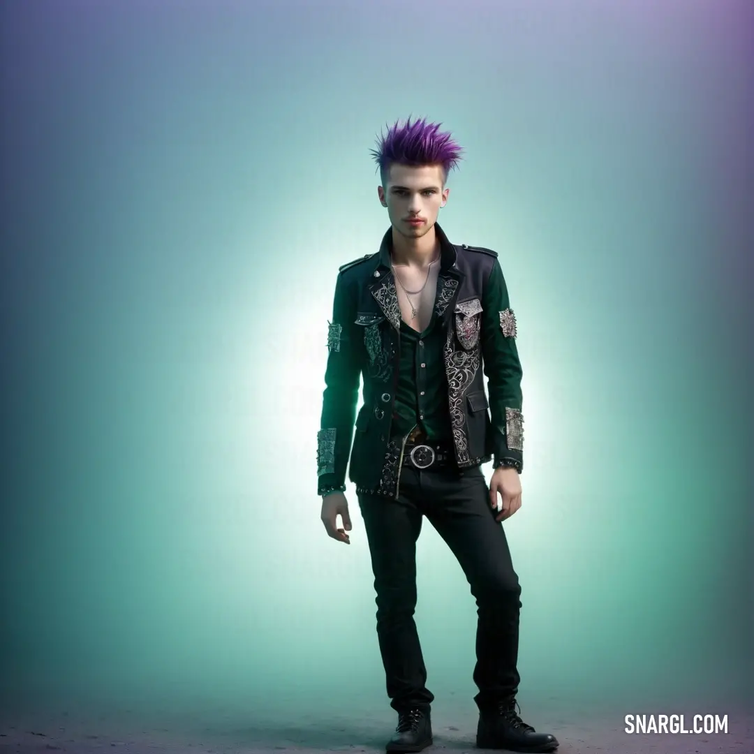 Man with purple hair and a punk jacket on posing for a picture in a studio setting with a blue background