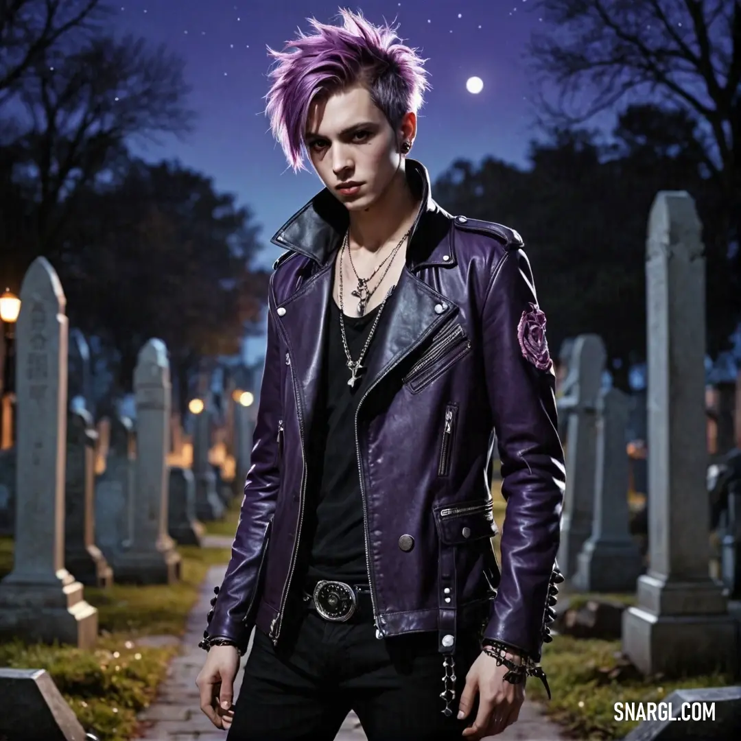 Man with purple hair wearing a leather jacket and black pants standing in a cemetery at night with a full moon in the background