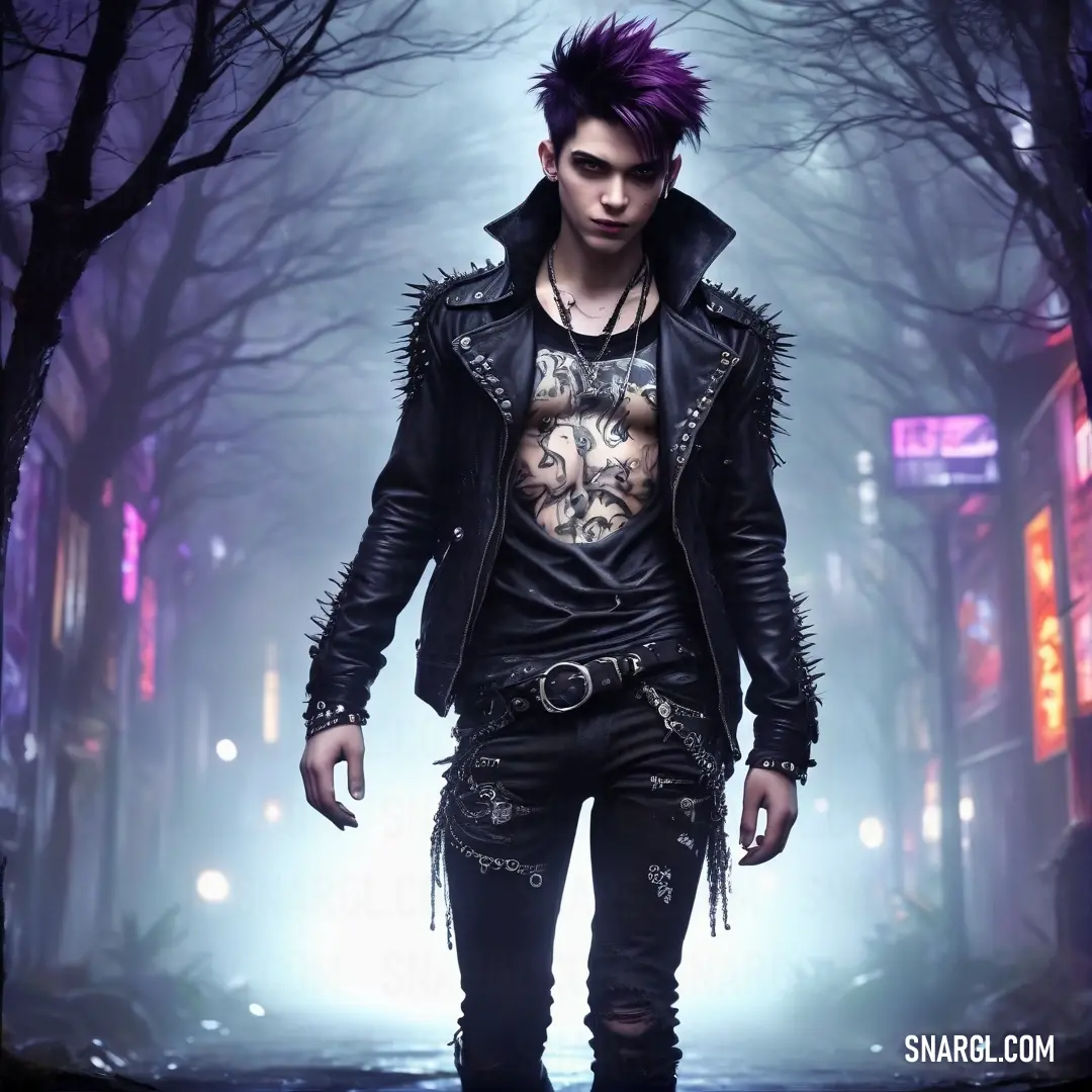 Man with purple hair and tattoos standing in the street in a dark alleyway with a neon sign
