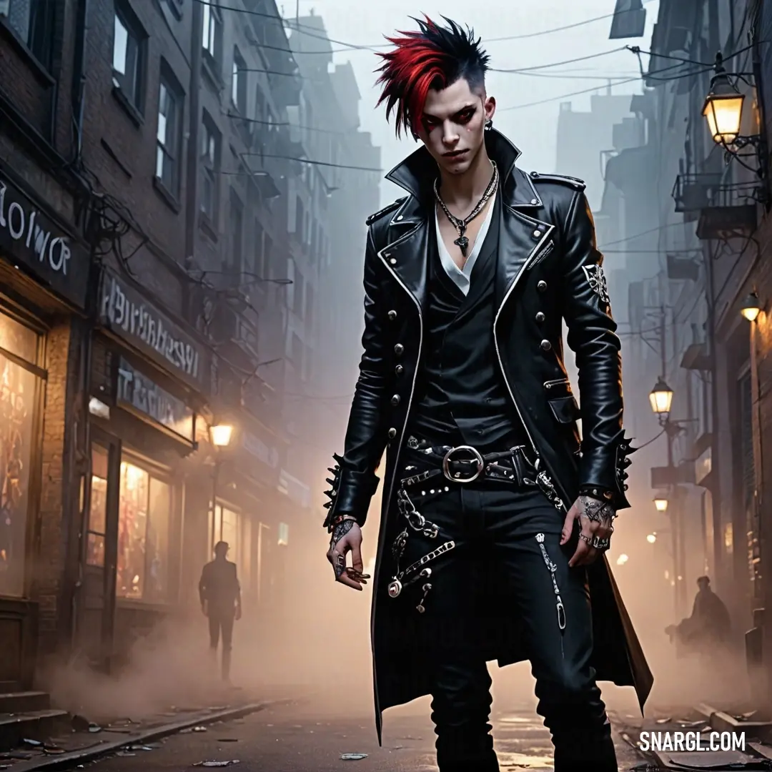 Man with red hair and piercings walking down a street in a city at night