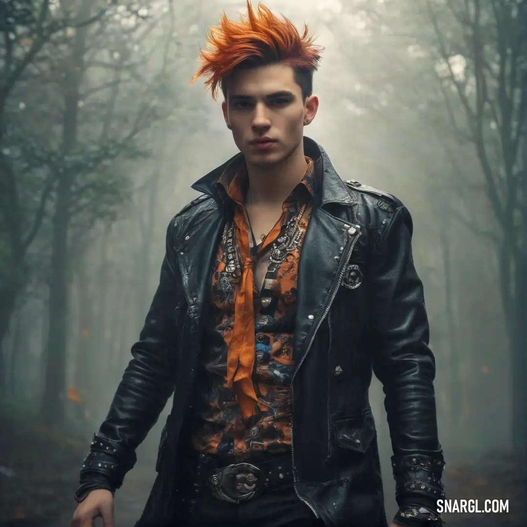 Man with red hair and a leather jacket in a forest with trees and leaves on the ground and fog