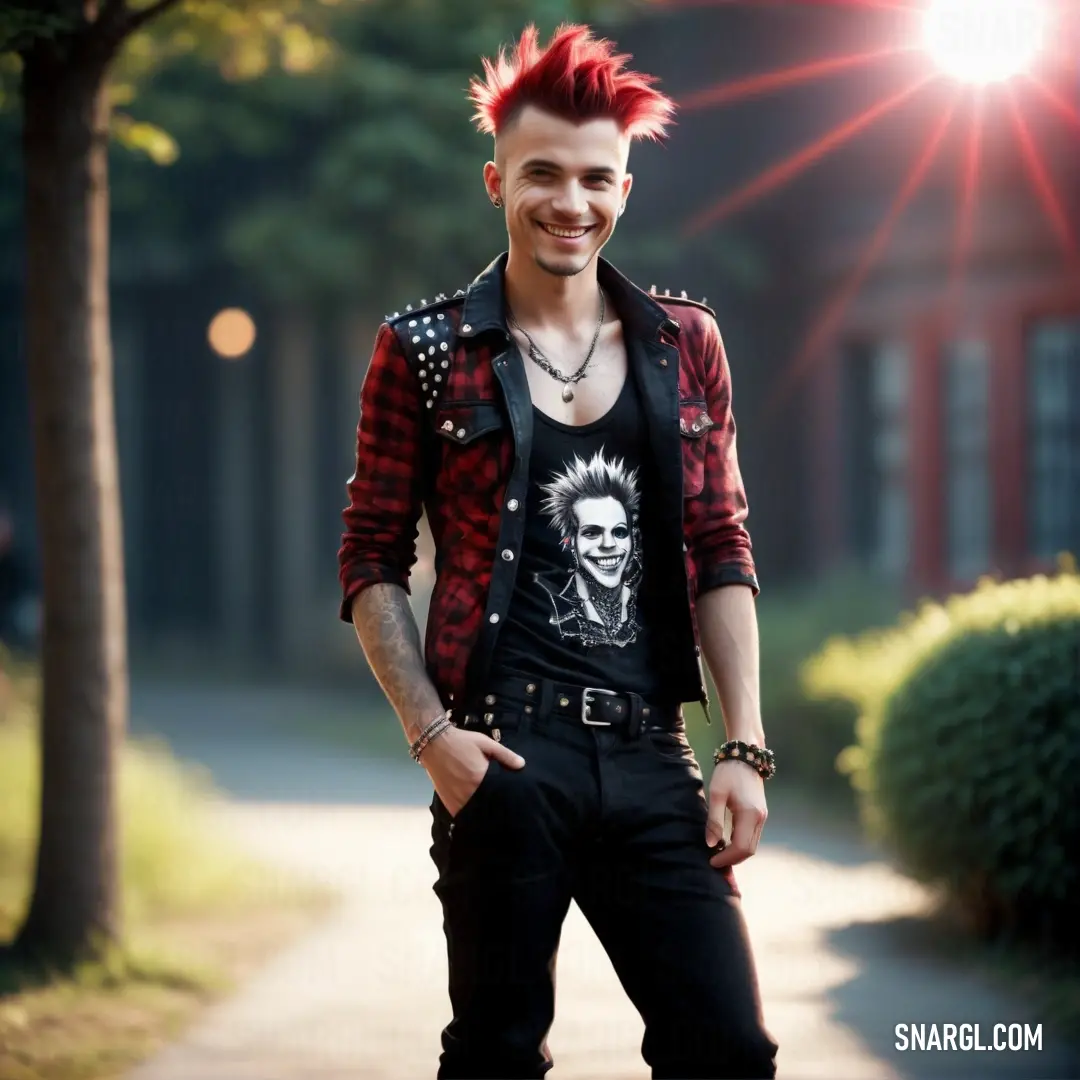 Man with red hair and a punk shirt standing on a sidewalk with his hands in his pockets and smiling