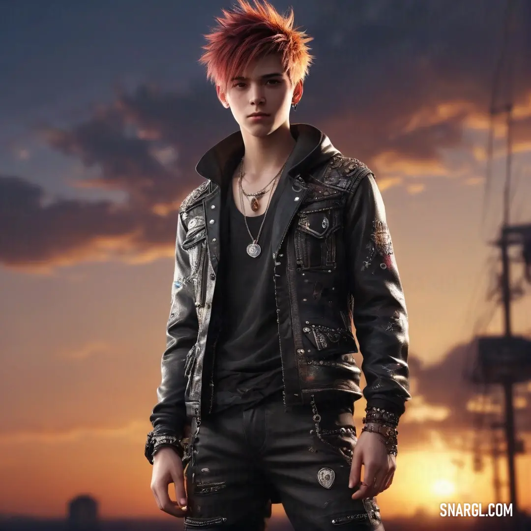 Man with red hair and piercings standing in front of a sunset with a sky background