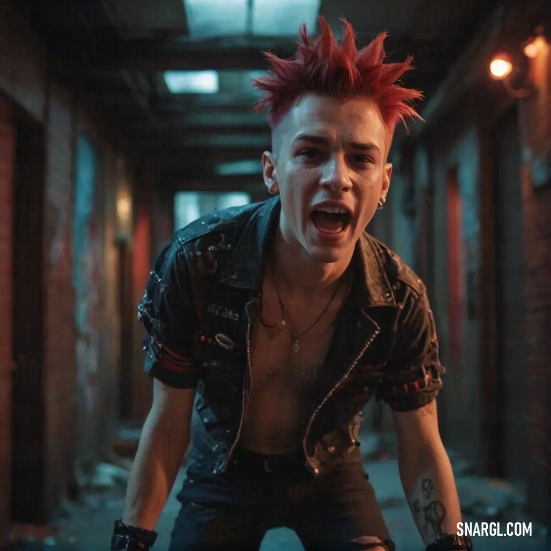 Man with red hair and piercings on his head in a hallway with brick walls and a ceiling