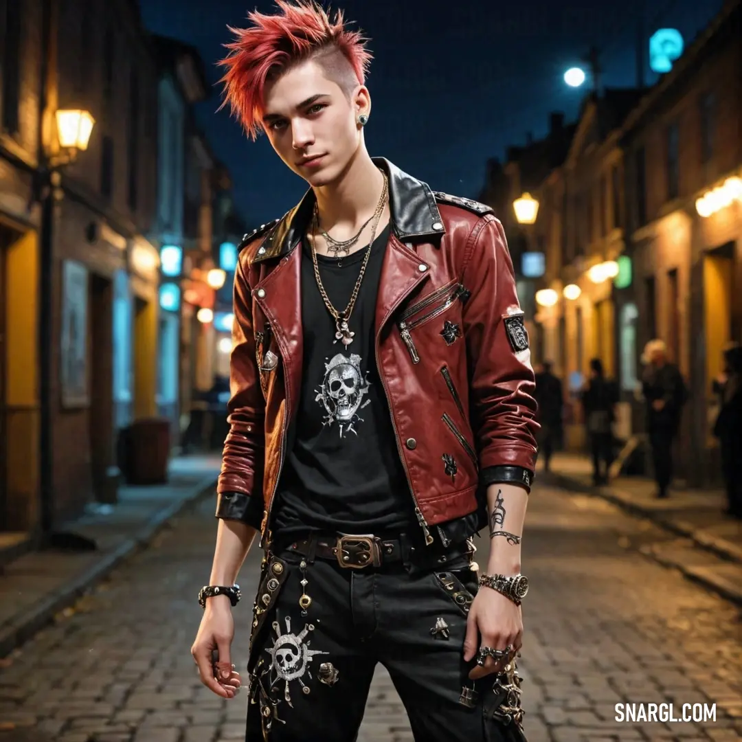 Man with red hair and a leather jacket on standing on a street at night with a skull on his shirt