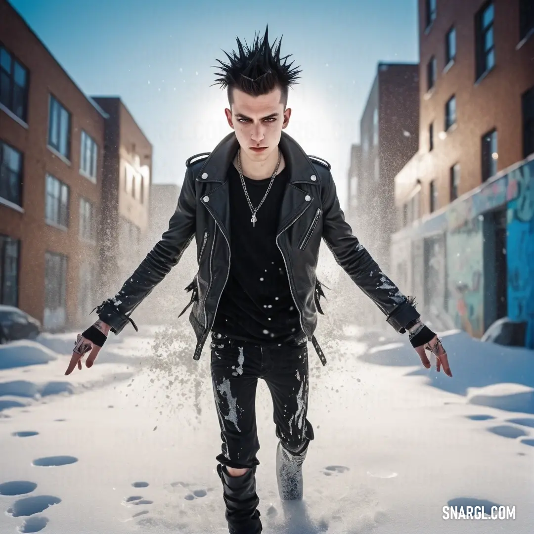 Man with spiked hair walking through the snow in a black leather jacket and black pants with his hands out