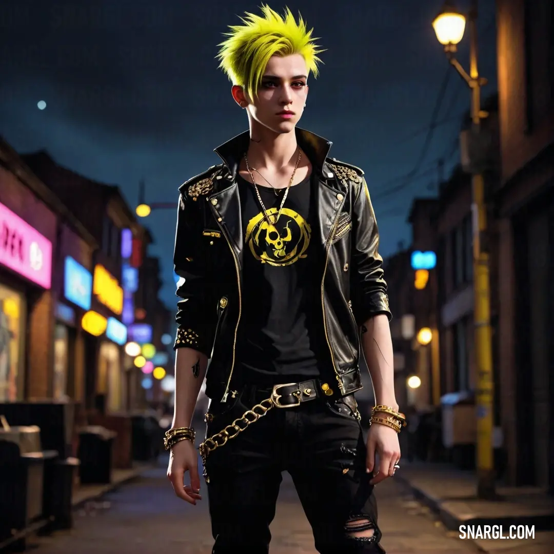 Man with yellow hair and a black shirt and pants and a chain around his neck