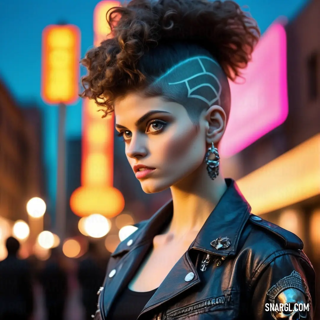 Woman with a mohawk undercut and a leather jacket on a city street at night with neon lights