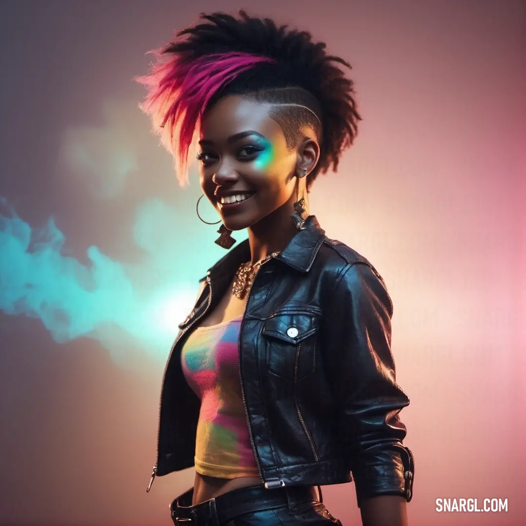 Woman with a mohawk and a leather jacket on posing for a picture with a rainbow light behind her