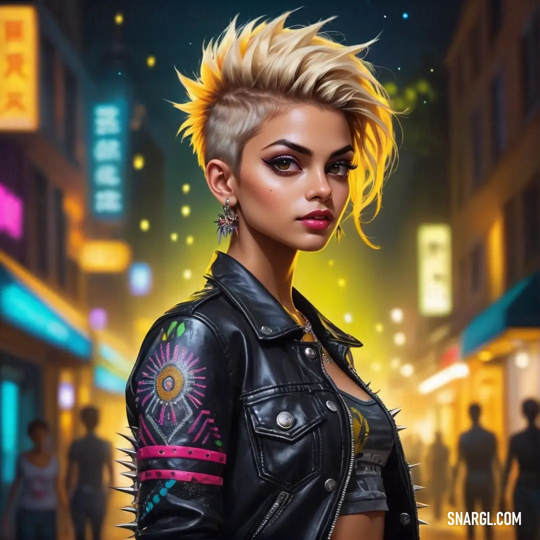Woman with blonde hair and piercings standing in a city street at night with neon lights