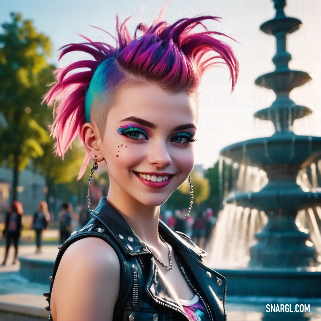 Woman with pink hair and piercings standing in front of a fountain