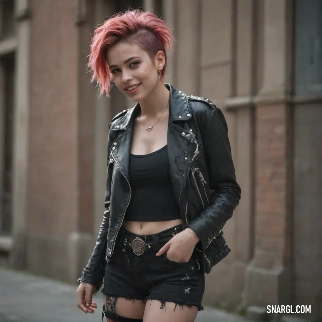 Woman with pink hair and black shorts is walking down the street with a black jacket on