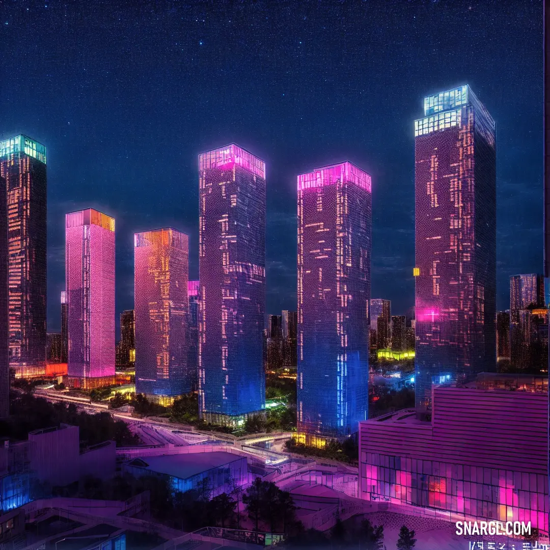 City skyline with a lot of tall buildings lit up at night time