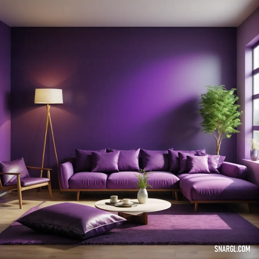 Living room with purple walls and a purple couch and chair and a potted plant on a table. Color RGB 105,53,156.