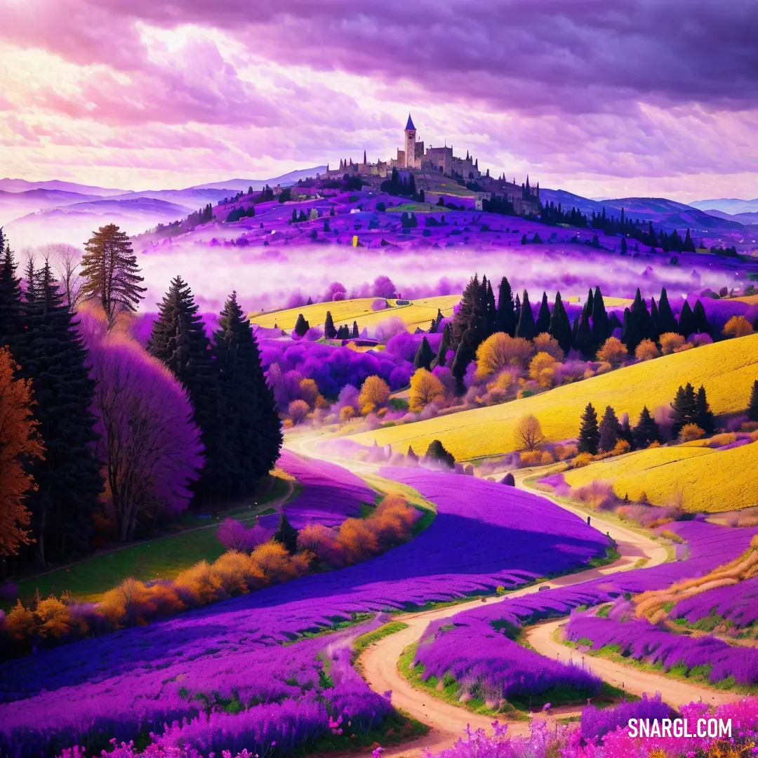 Painting of a lavender field with a castle in the distance and a road winding through it with trees and bushes