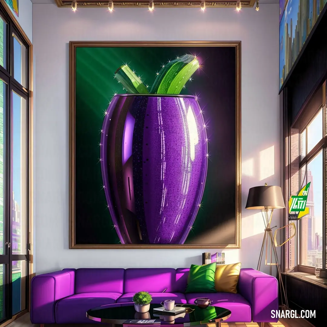 Painting of a purple vase on a wall in a living room with a purple couch and coffee table