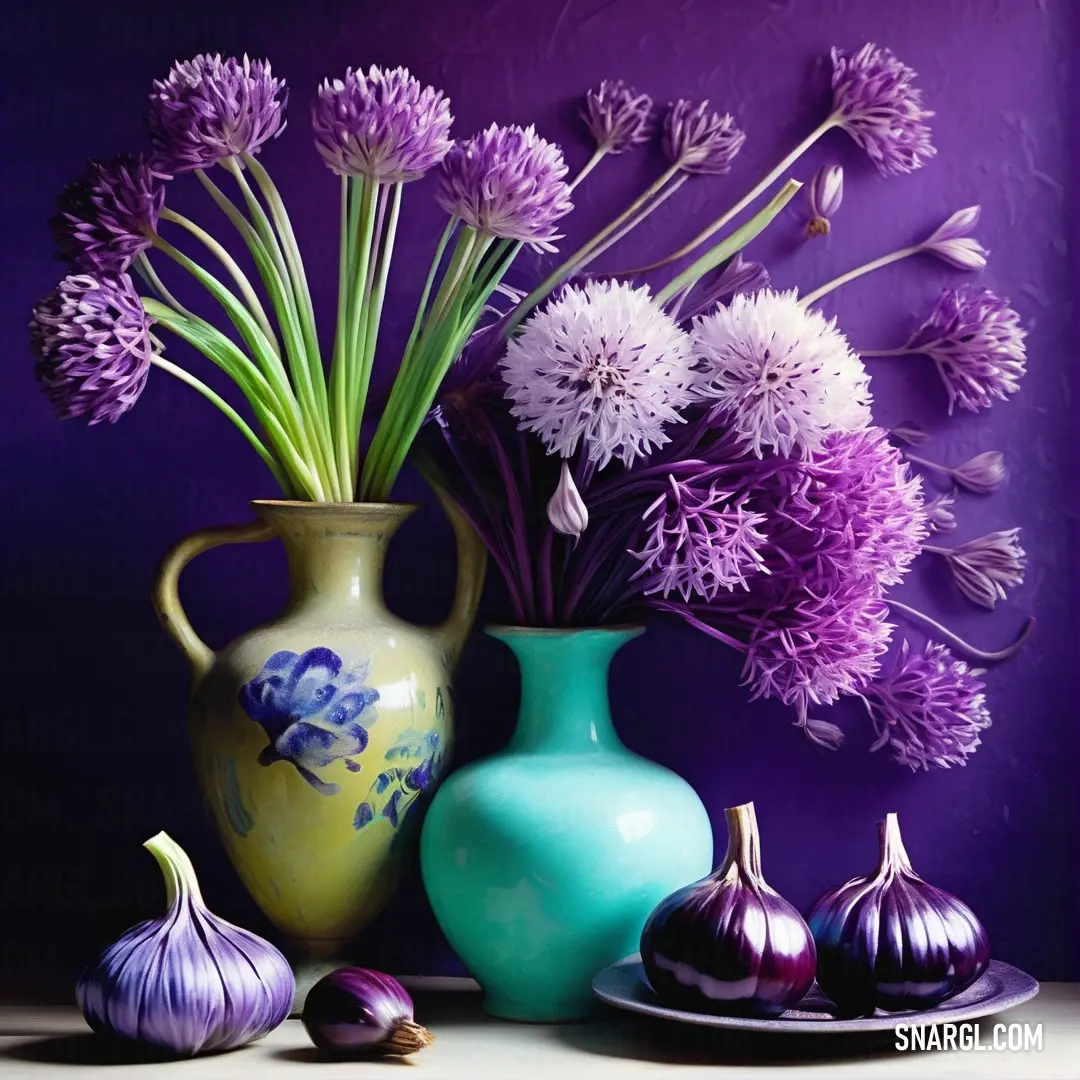 Purple Heart color. Painting of purple flowers in a vase and garlic on a plate next to garlic bulbs