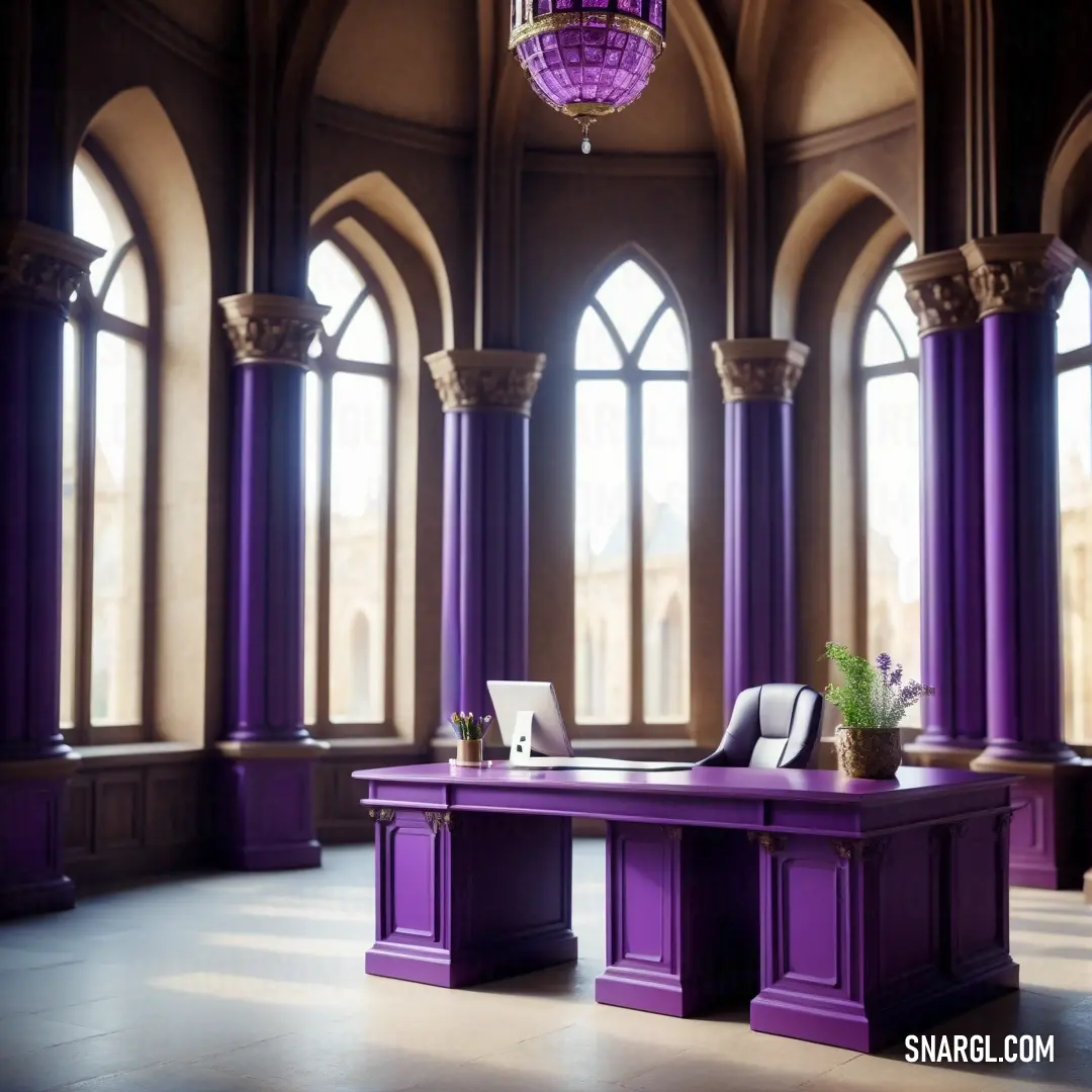 Purple desk in a large room with a chandelier hanging from the ceiling. Example of Purple Heart color.