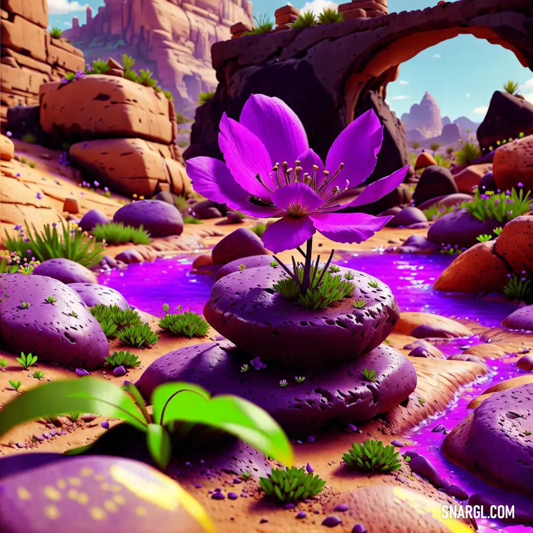 Purple flower on top of a pile of rocks next to a forest filled with purple rocks and plants
