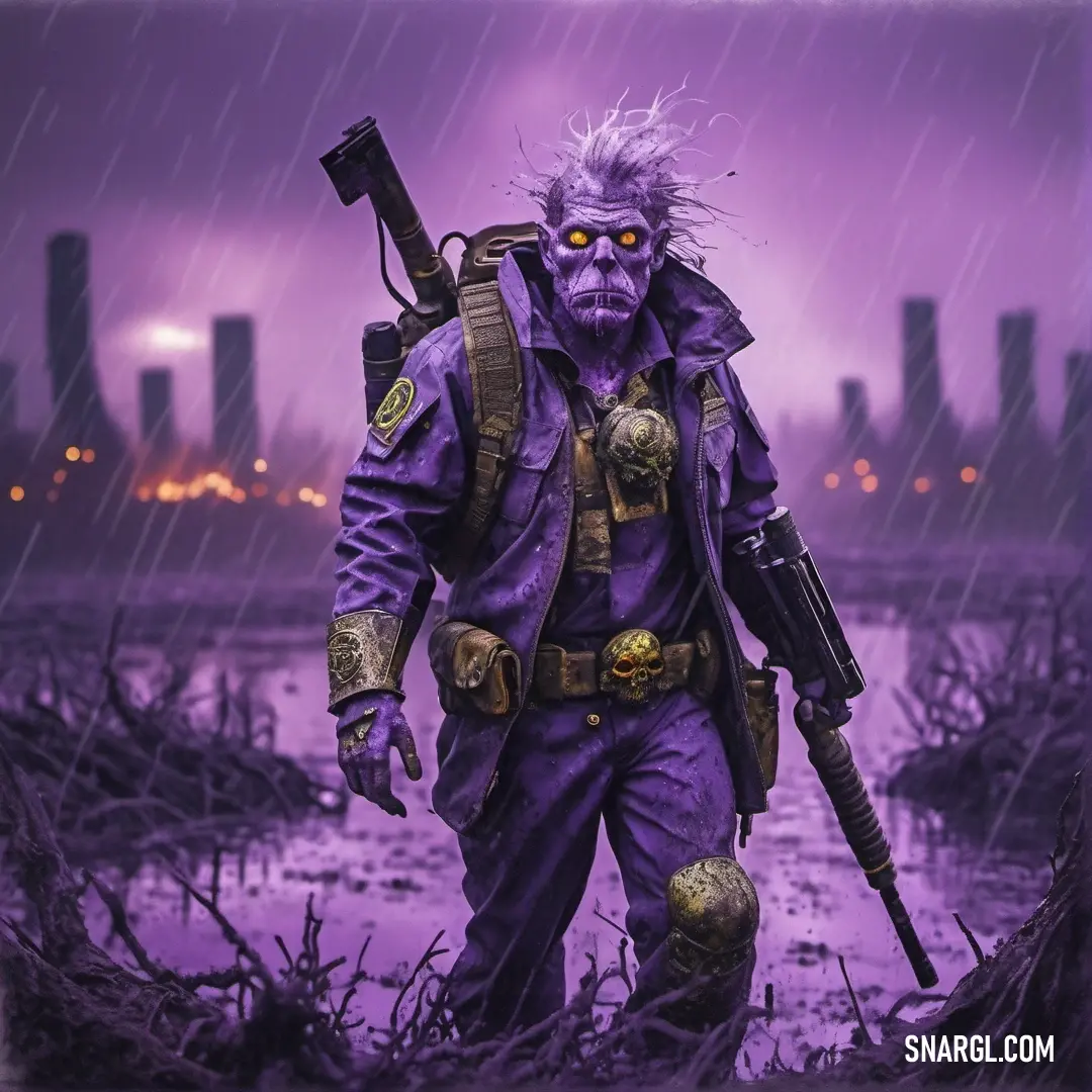 Man in purple is holding a gun and walking in the rain. Example of #69359C color.