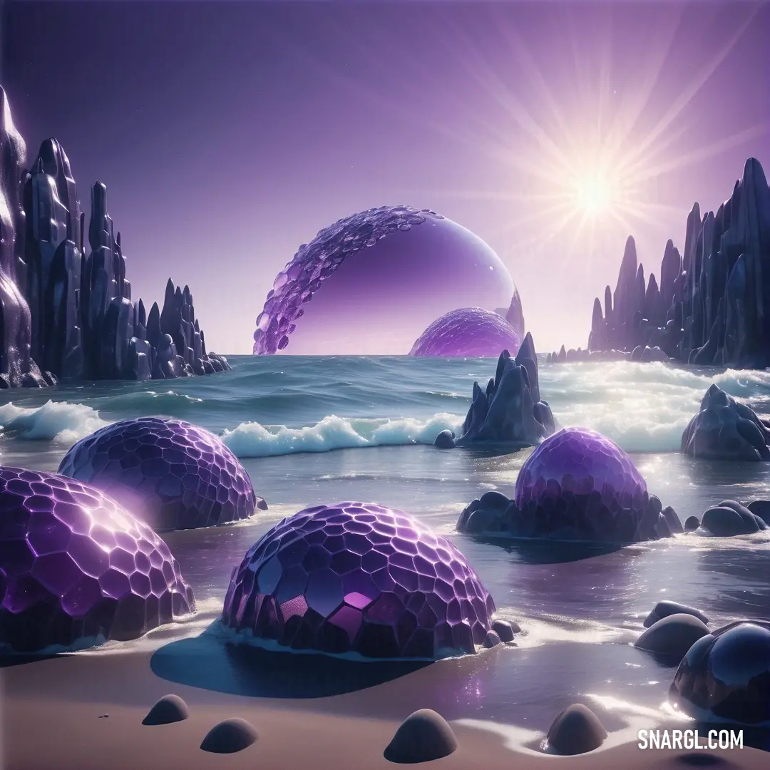 Painting of a beach with purple rocks and water and a sun in the background. Color CMYK 33,66,0,39.