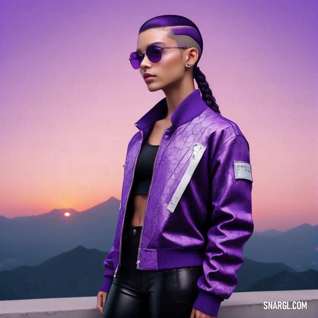 Woman wearing a purple jacket and sunglasses standing on a ledge at sunset with mountains in the background. Example of Purple Heart color.