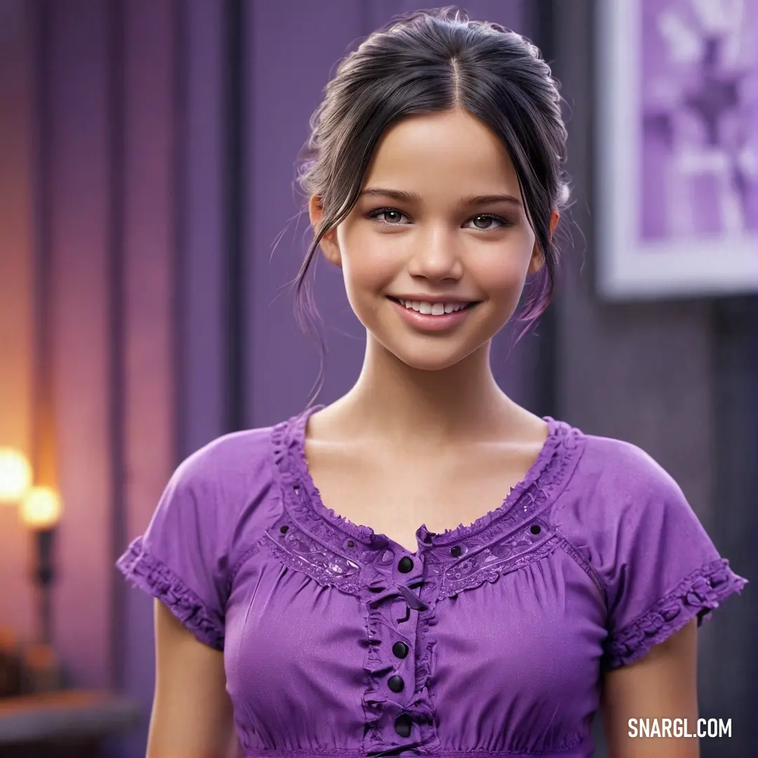 Purple Heart color. Young woman in a purple shirt smiling at the camera with a candle in the background
