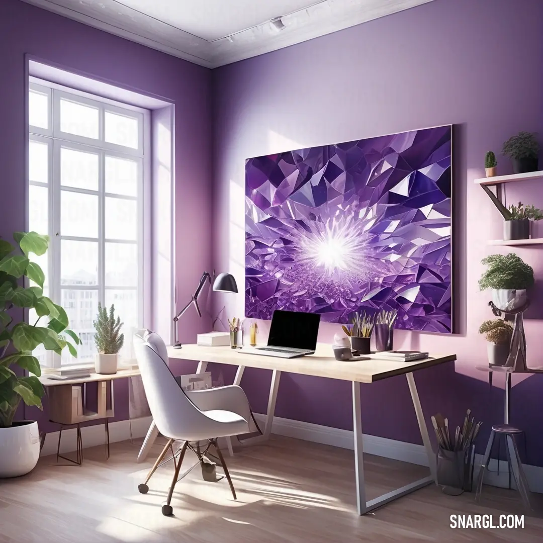 Purple room with a desk and a laptop on it and a plant in the corner of the room. Color Purple Heart.