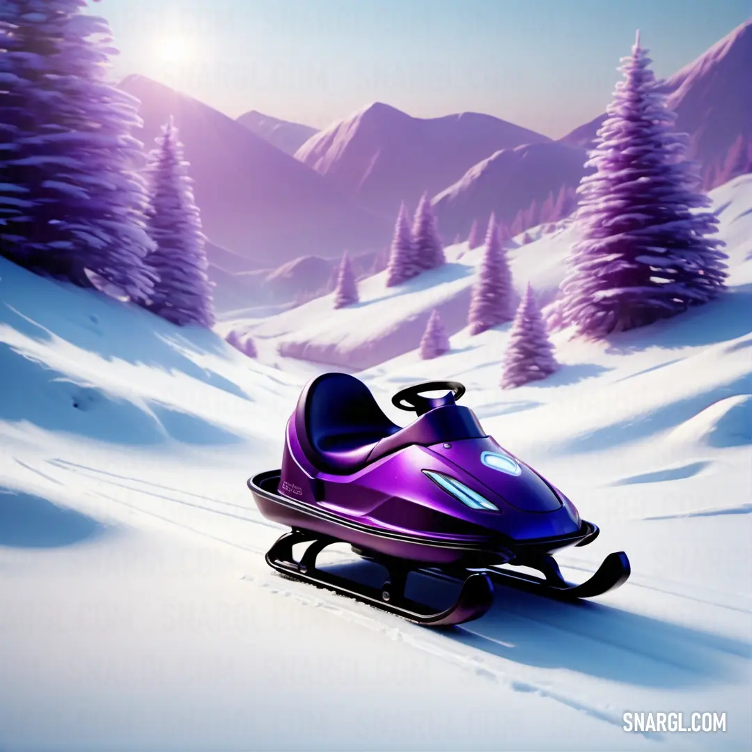 Purple sled is going down a snowy hill with trees in the background. Color #69359C.