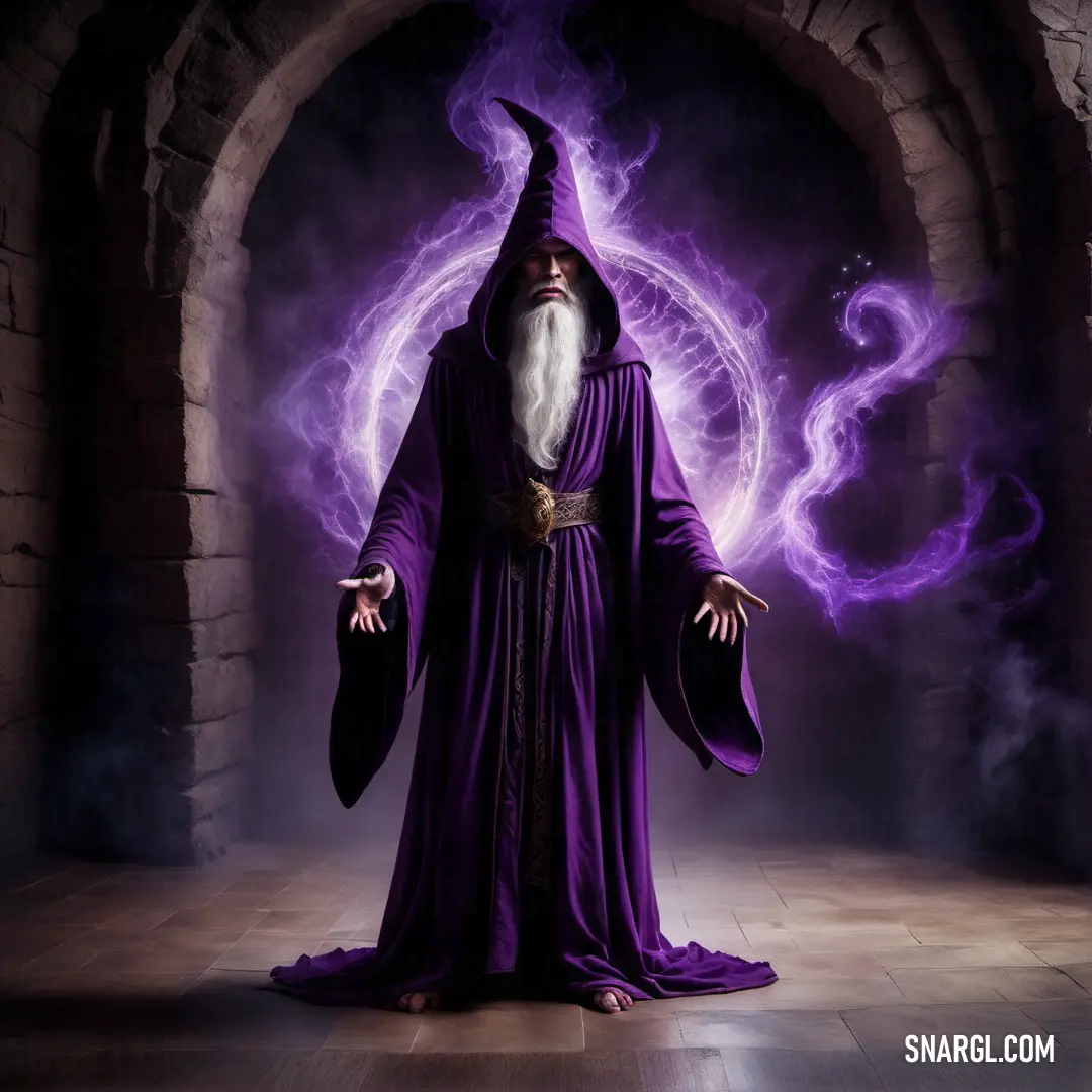 Wizard with a long white beard and purple robes standing in a dark tunnel with purple smoke coming out of it. Color CMYK 33,66,0,39.