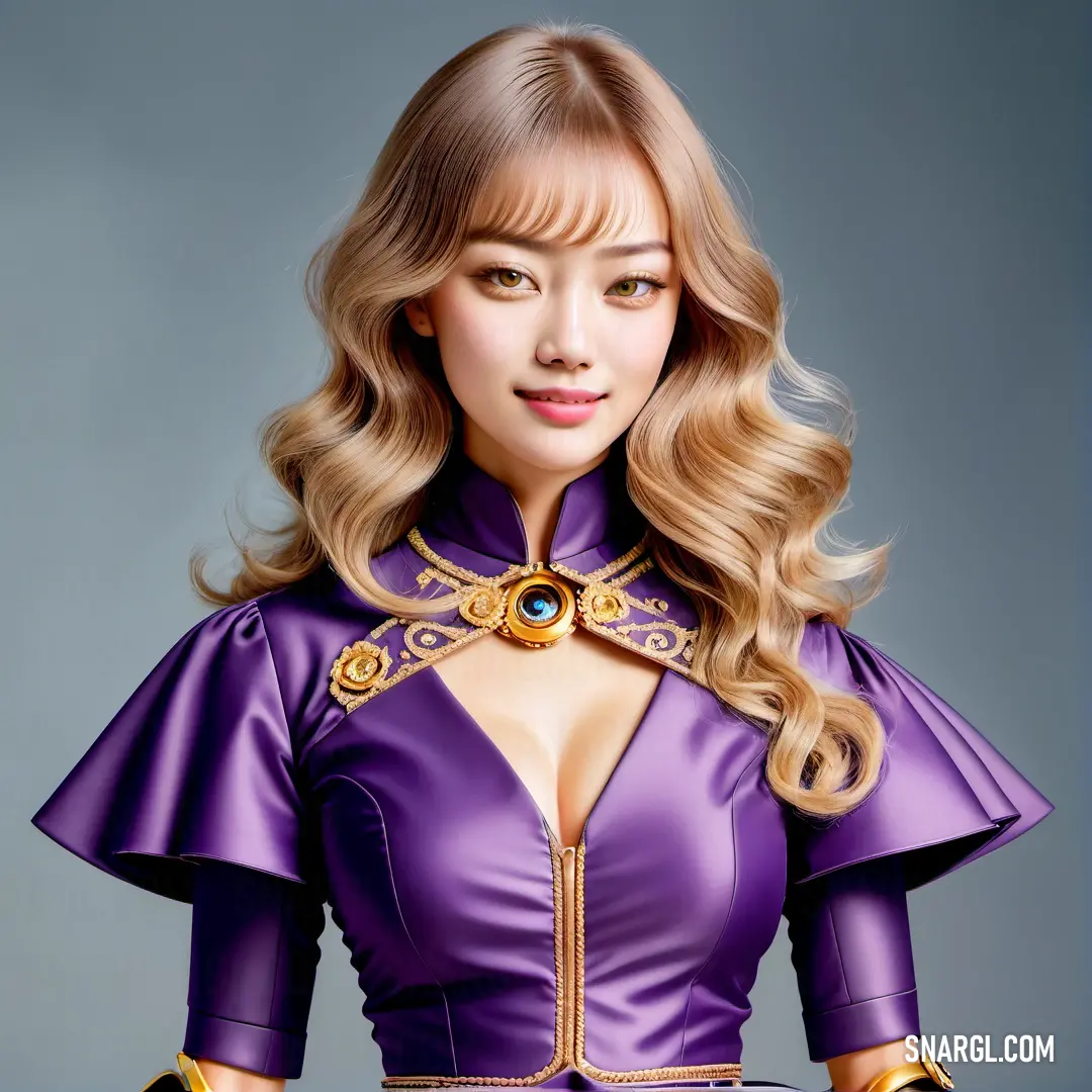 Purple Heart color example: Woman in a purple outfit with a gold collar and gold cuffs on her chest