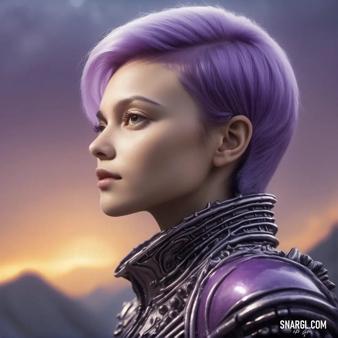Woman with purple hair and a futuristic outfit is looking off into the distance with mountains in the background