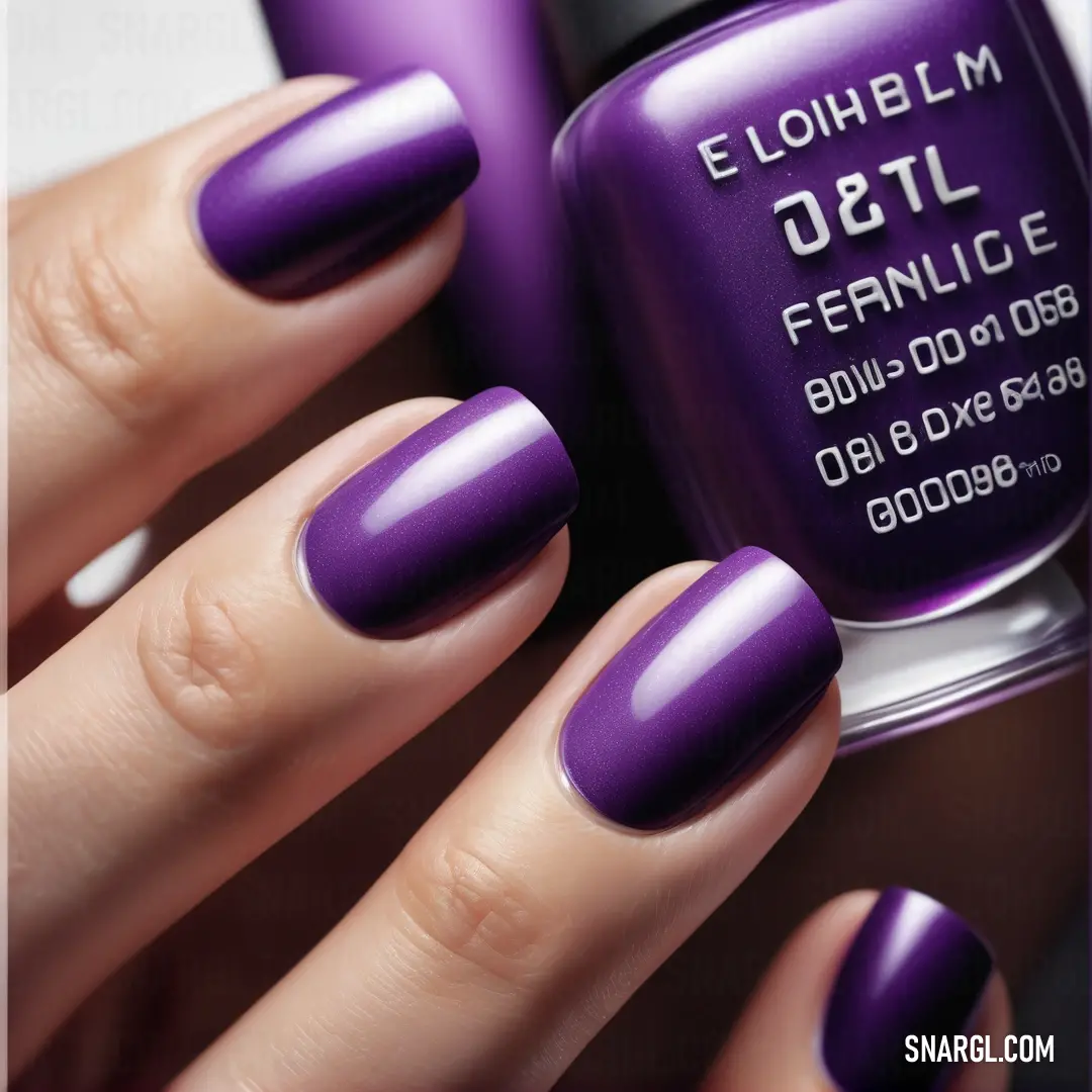 Woman with purple nail polish holding a purple manicure in her hand. Color RGB 105,53,156.