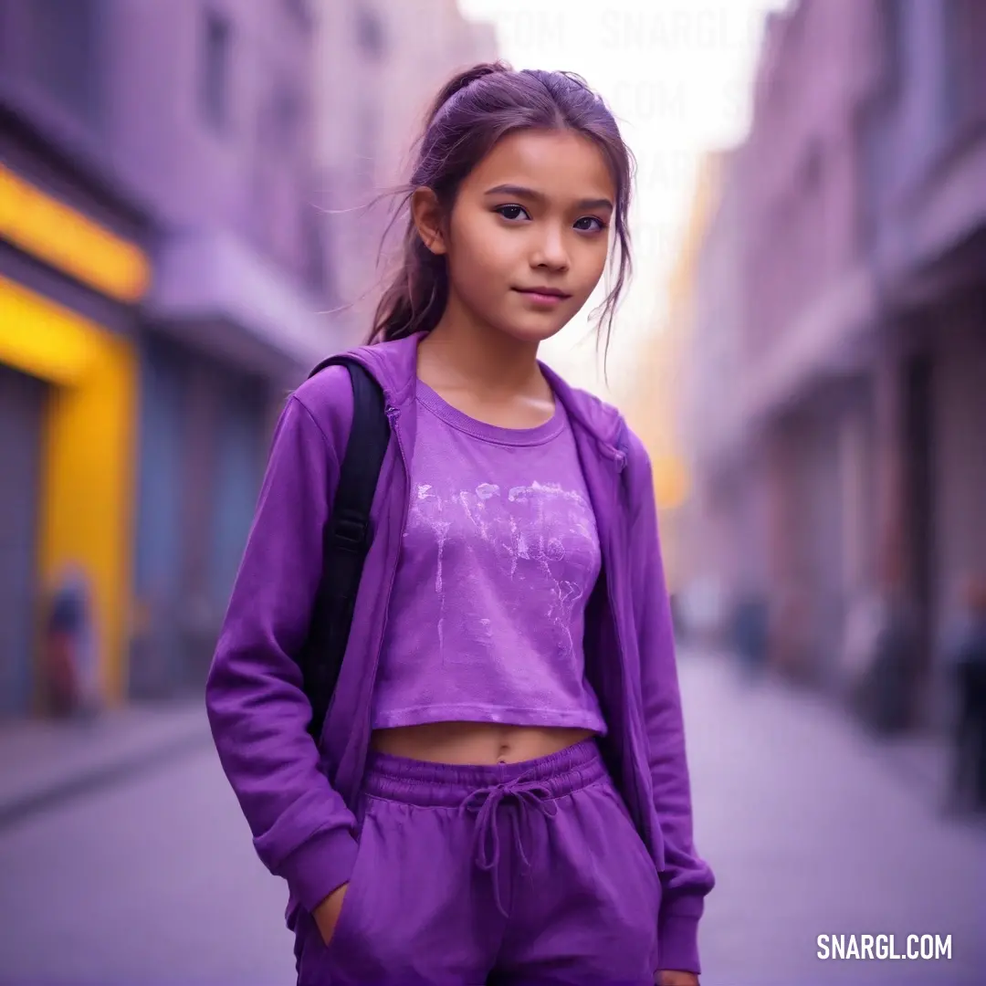 Young girl in a purple outfit standing on a street corner with a backpack on her shoulder. Example of CMYK 33,66,0,39 color.