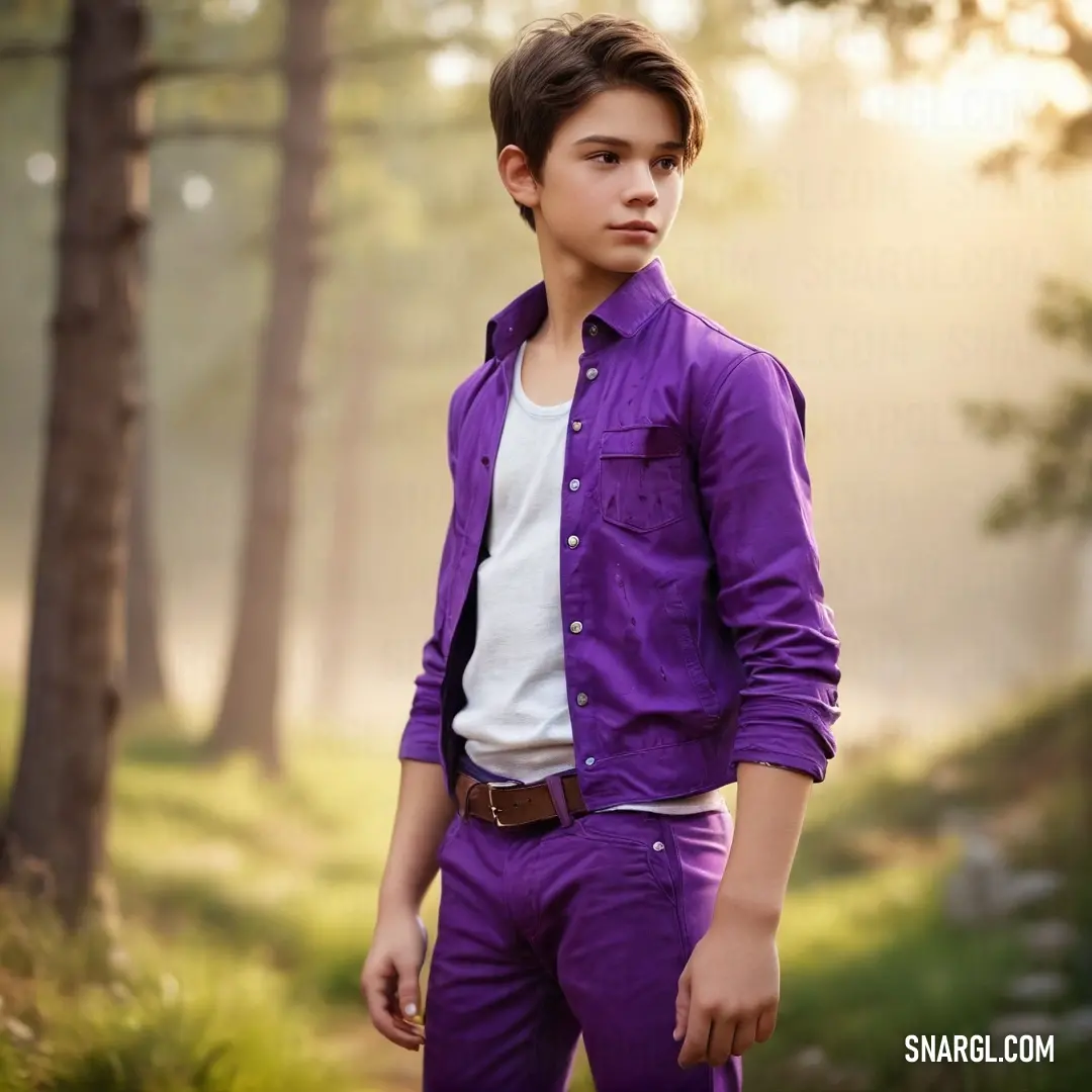 Young man in a purple shirt and pants standing in a forest with trees in the background. Example of Purple Heart color.
