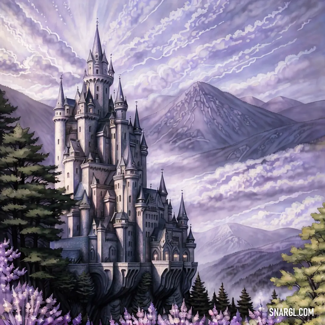 Castle with a mountain in the background and purple flowers in the foreground
