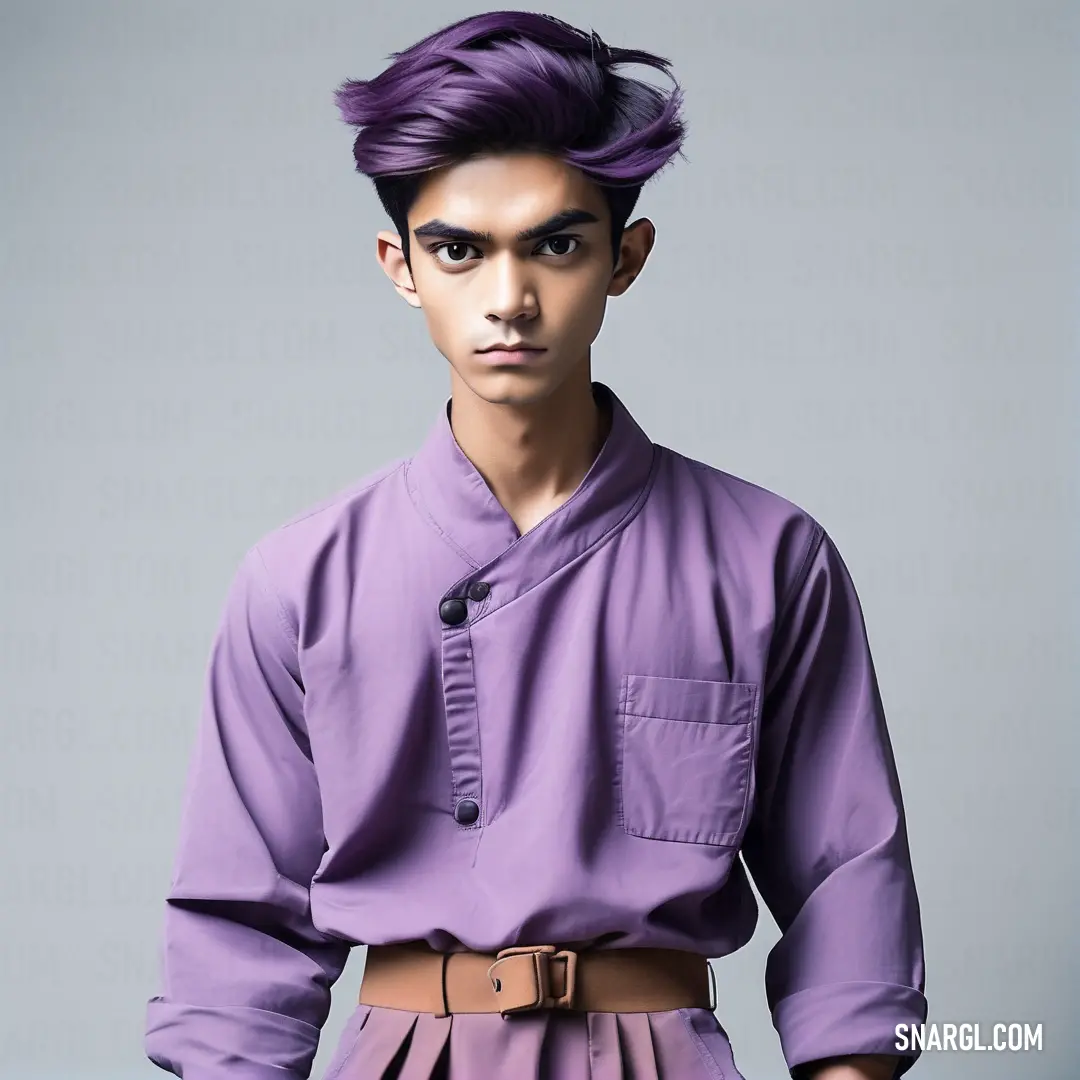Man with purple hair and a purple shirt on a gray background. Example of CMYK 16,31,0,27 color.