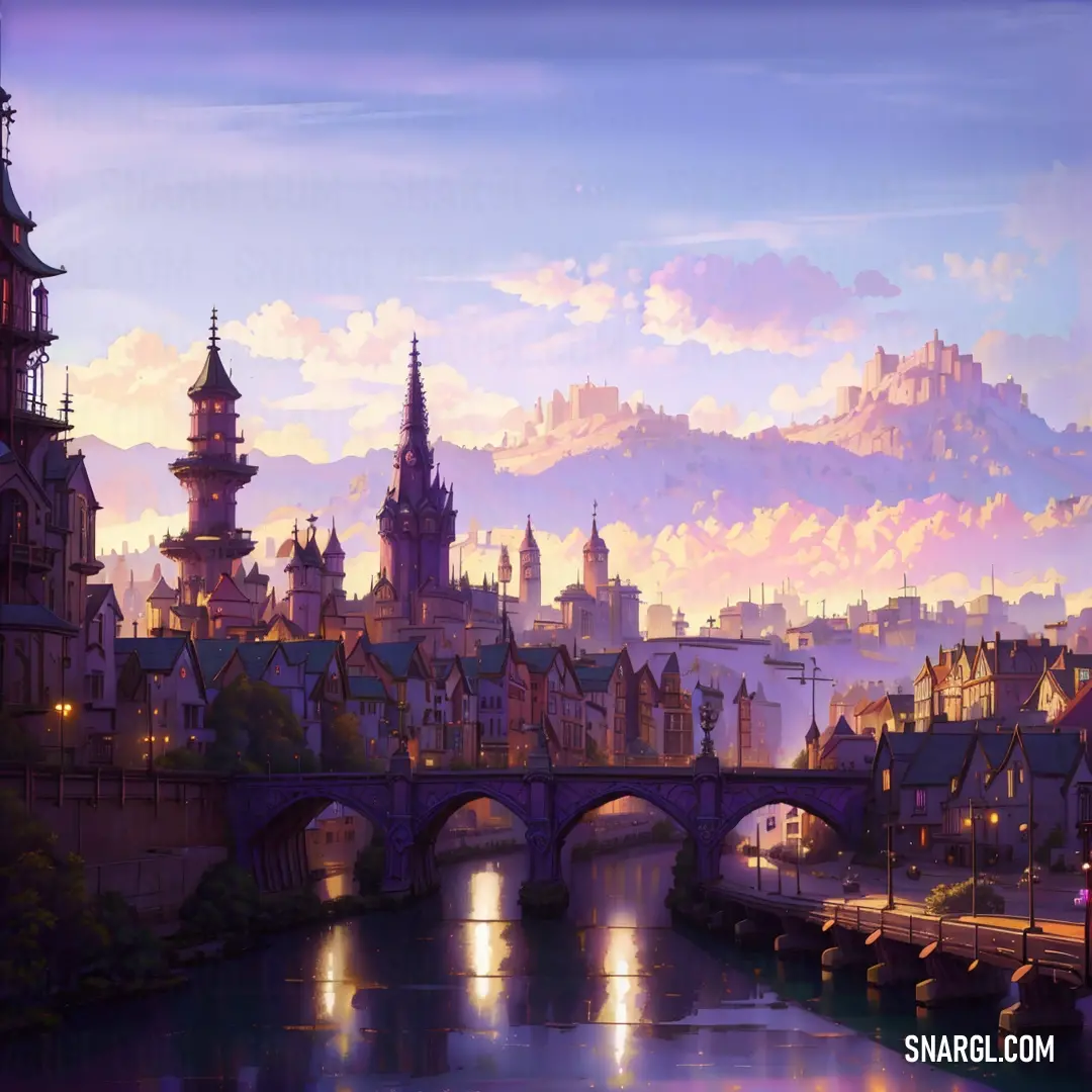 Painting of a city with a bridge and a river running through it with a castle in the background